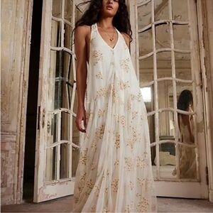 Free People Julie Embroidered Floral Halter Backless Elegant Maxi Dress L